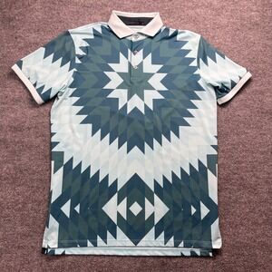 Greyson Mens Geometric Starburst Polo Shirt Blue Teal Short Sleeve Size M